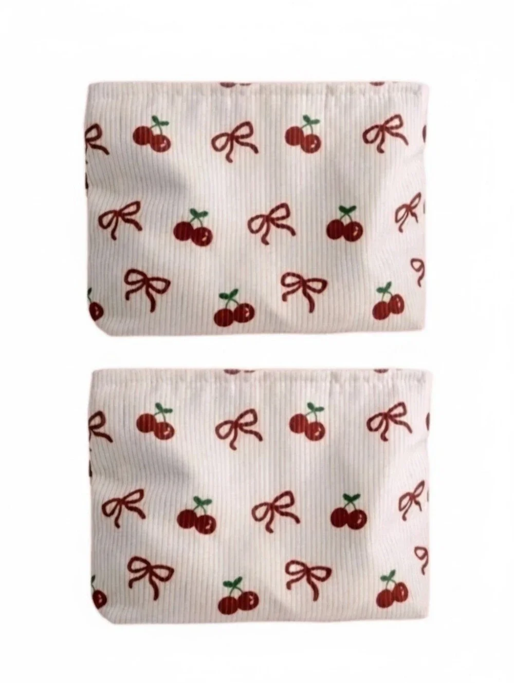 2 Pcs Cherry & Bow Corduroy Makeup Bag  Cream Cosmetic Pouch NWOT